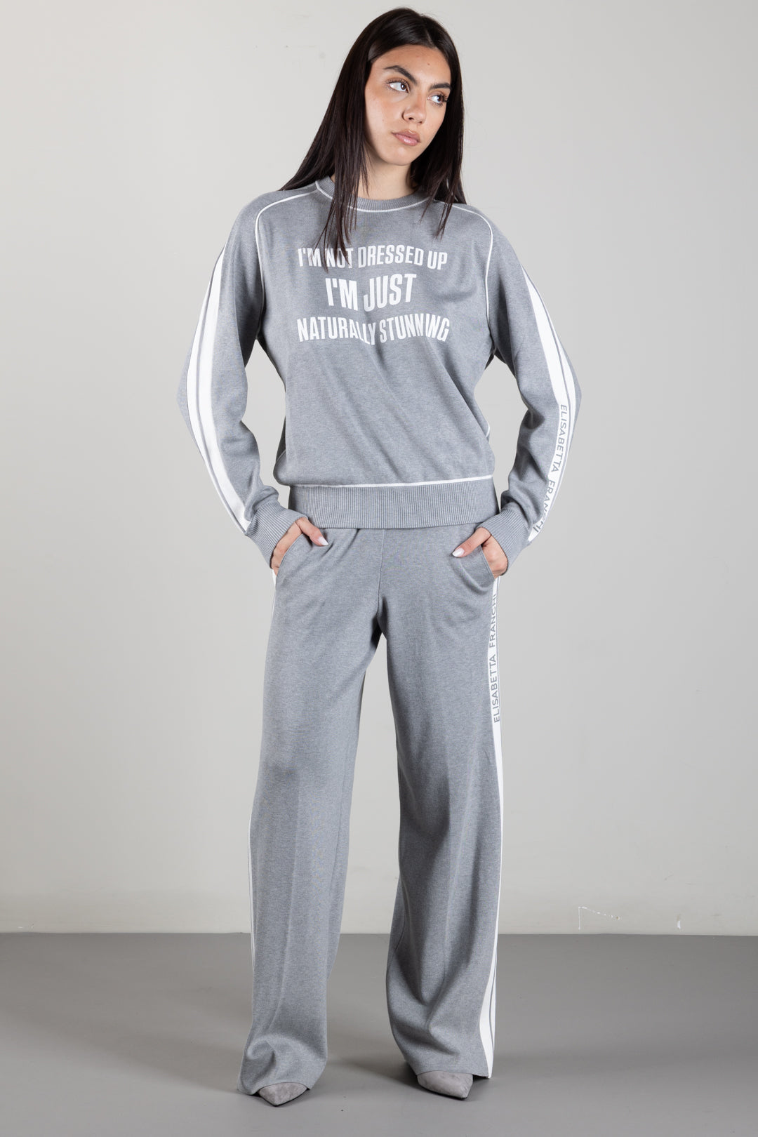 Elisabetta Franchi Pantaloni Jogging In Maglia con Logo KP75S66E2 GRIGIOMELANGE/AVORIO