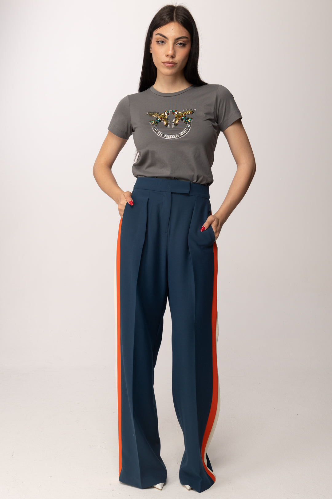Patrizia Pepe Pantaloni Palazzo con Bande Laterali a Contrasto 8P0795 A688 LAGOON/ORANGE/IVOR