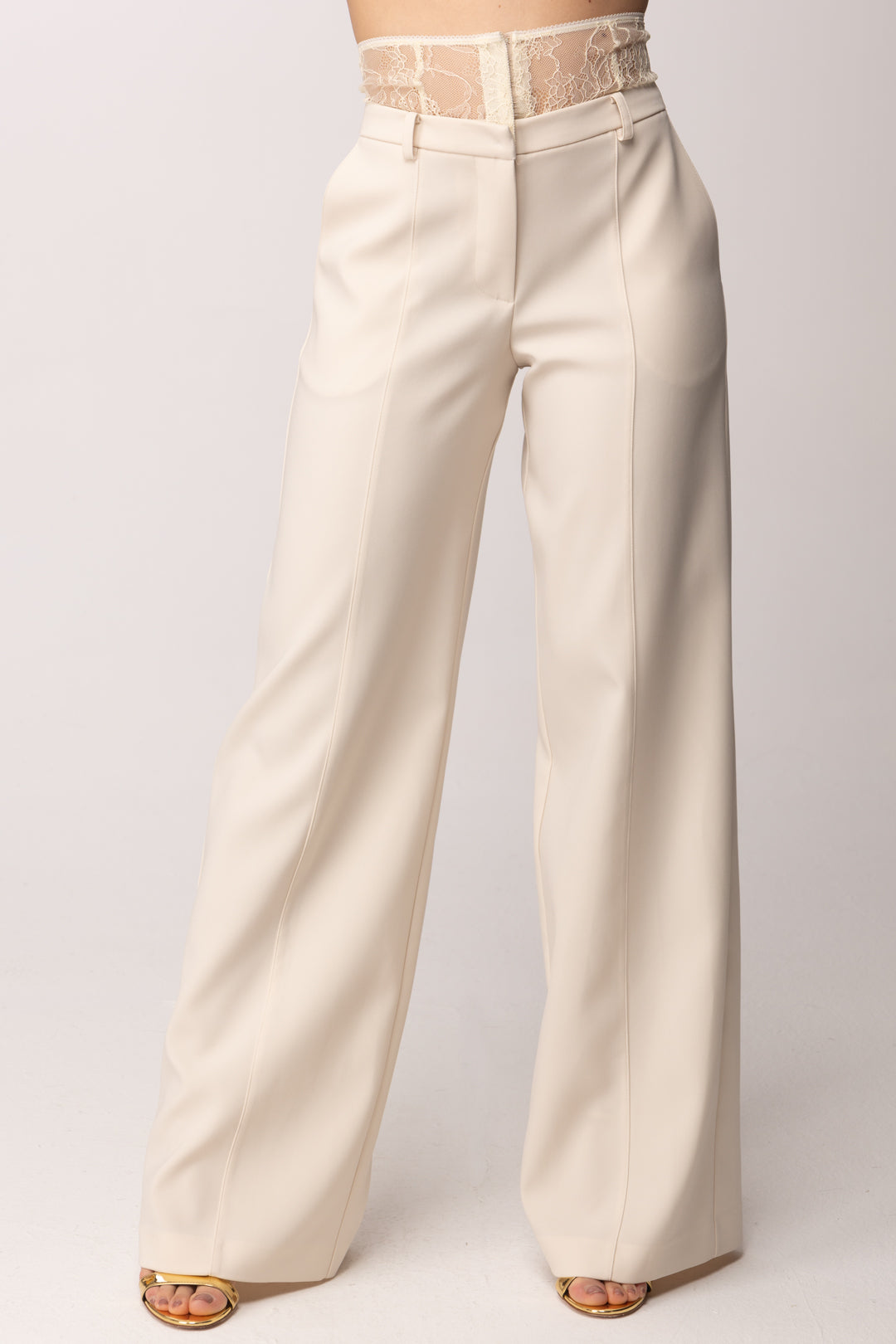 Patrizia Pepe Pantaloni Palazzo con Vita In Pizzo 8P0769 A6F5 WARM IVORY