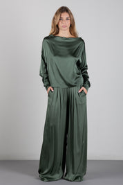 Manila Grace Pantaloni Palazzo Effetto Satin con Pinces P138VU BLACK FOREST :AI26