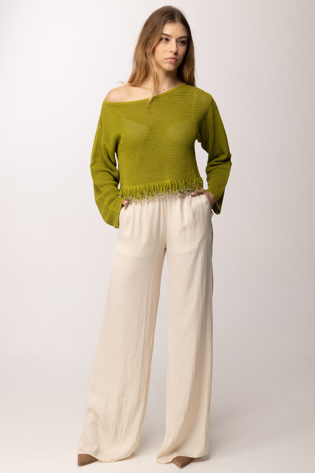 Patrizia Pepe Pantaloni Palazzo Fluidi a Vita Alta 2P1763 A772 PEARL IVORY
