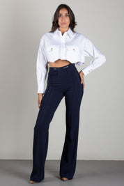 Elisabetta Franchi Pantaloni Palazzo In Doppio Crêpe Stretch PA19666E2 BLU NOTTE