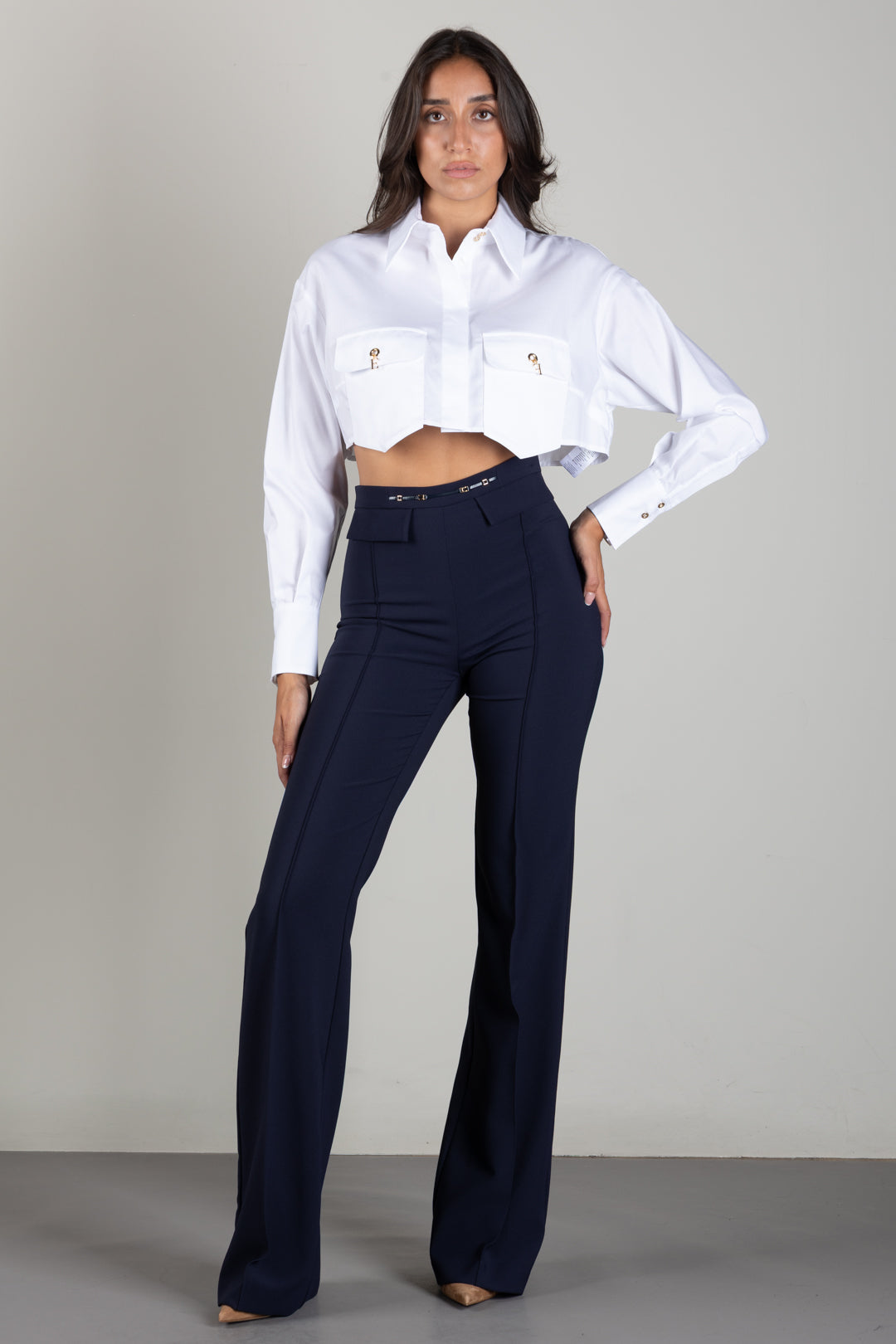 Elisabetta Franchi Pantaloni Palazzo In Doppio Crêpe Stretch PA19666E2 BLU NOTTE