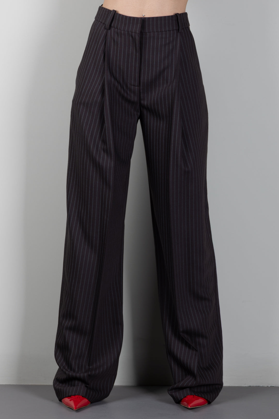 Elisabetta Franchi Pantaloni Palazzo In Fresco Lana Gessato PA17666E2 DARK CHOCOLATE/GLASS