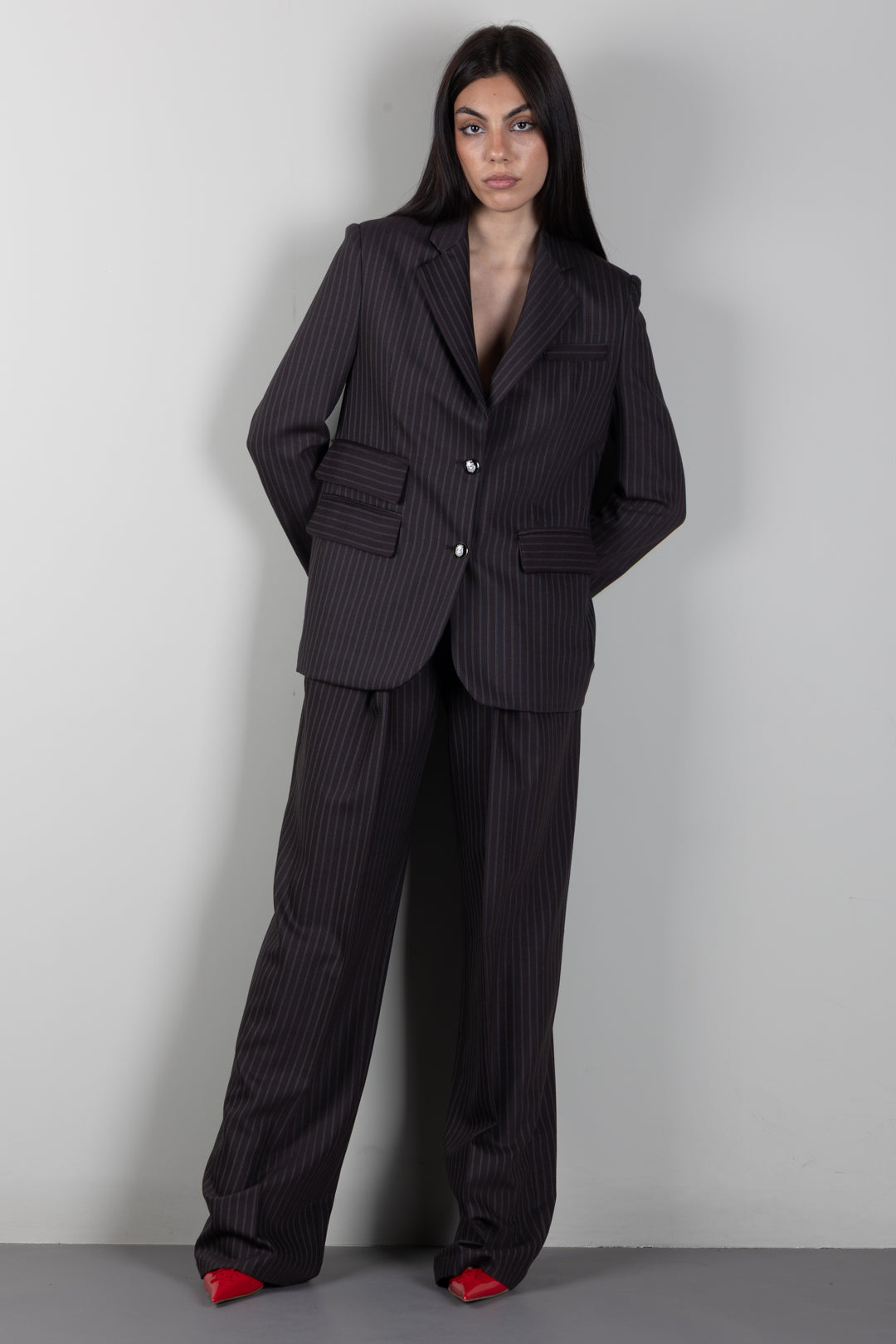 Elisabetta Franchi Pantaloni Palazzo In Fresco Lana Gessato PA17666E2 DARK CHOCOLATE/GLASS