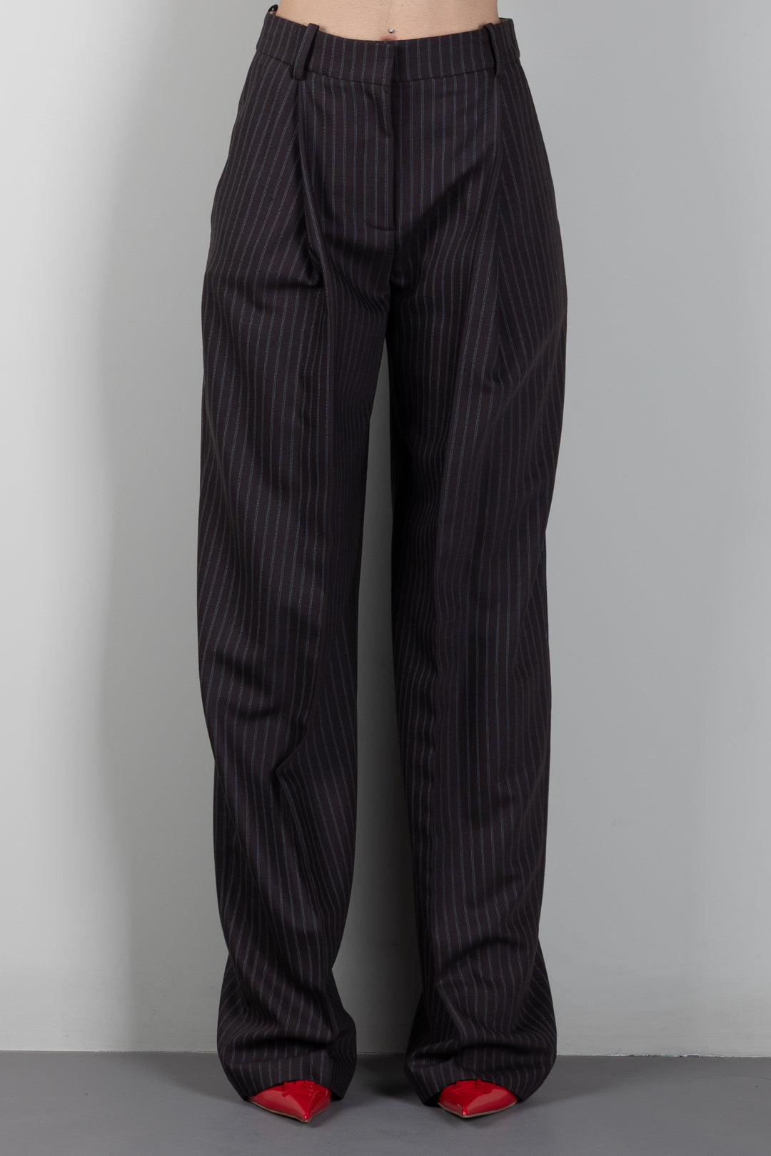 Elisabetta Franchi Pantaloni Palazzo In Fresco Lana Gessato PA17666E2 DARK CHOCOLATE/GLASS