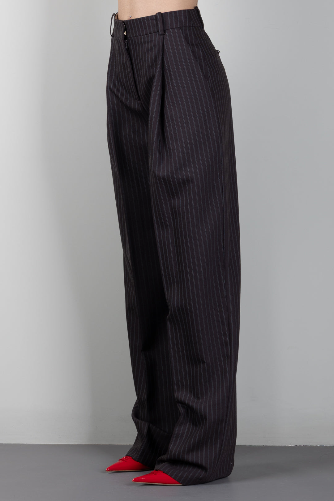 Elisabetta Franchi Pantaloni Palazzo In Fresco Lana Gessato PA17666E2 DARK CHOCOLATE/GLASS