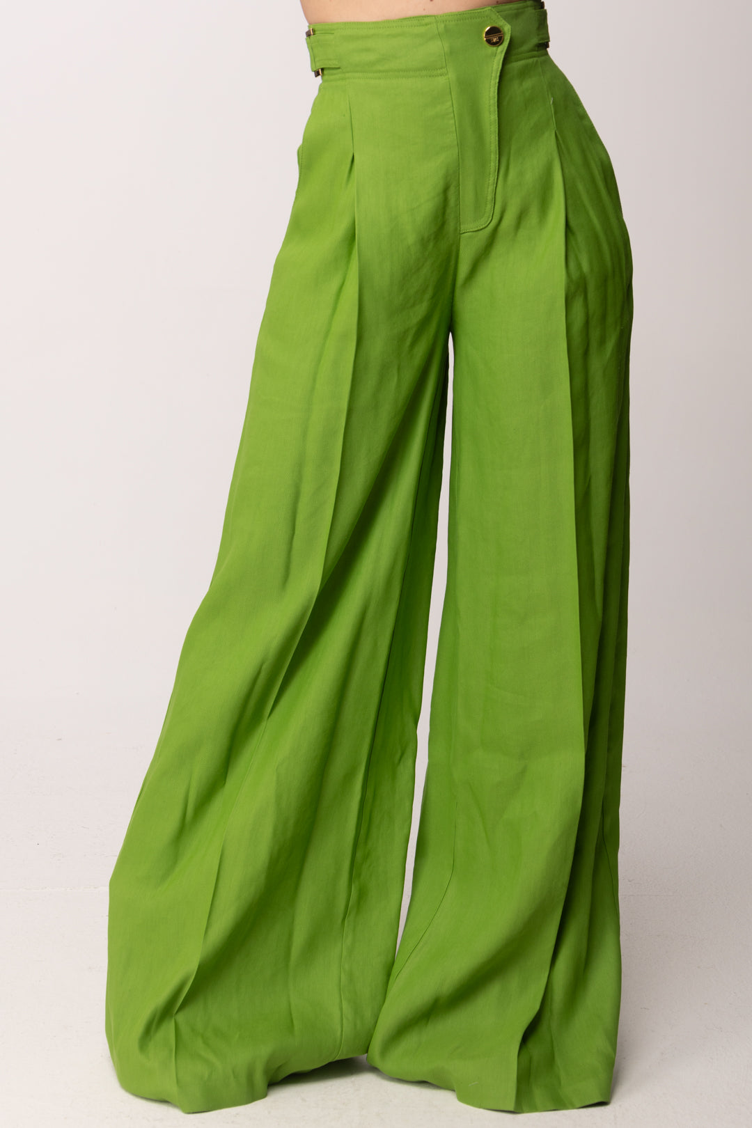Elisabetta Franchi Pantaloni Palazzo In Misto Lino con Cinturini PA12762E2 ALOE