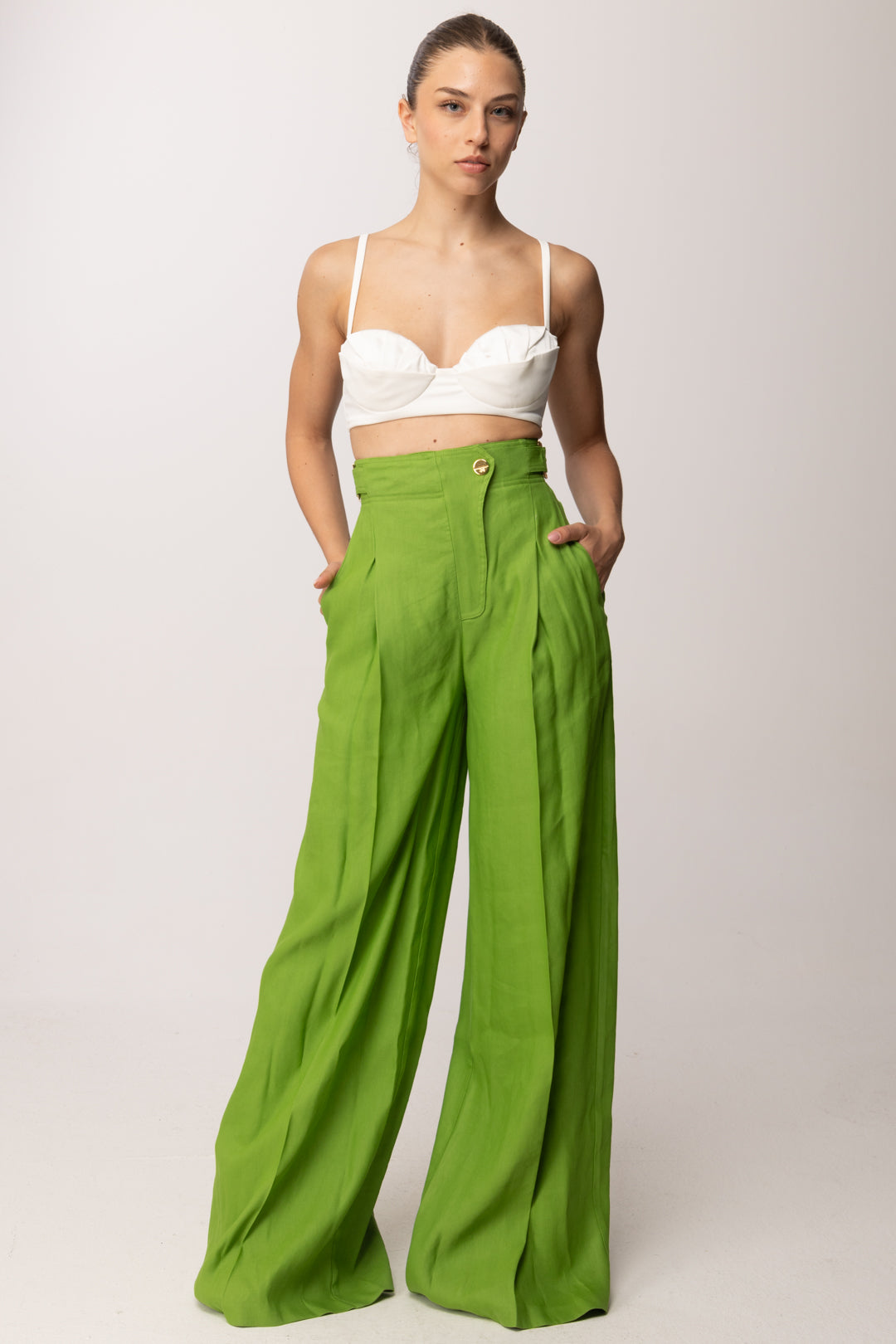 Elisabetta Franchi Pantaloni Palazzo In Misto Lino con Cinturini PA12762E2 ALOE