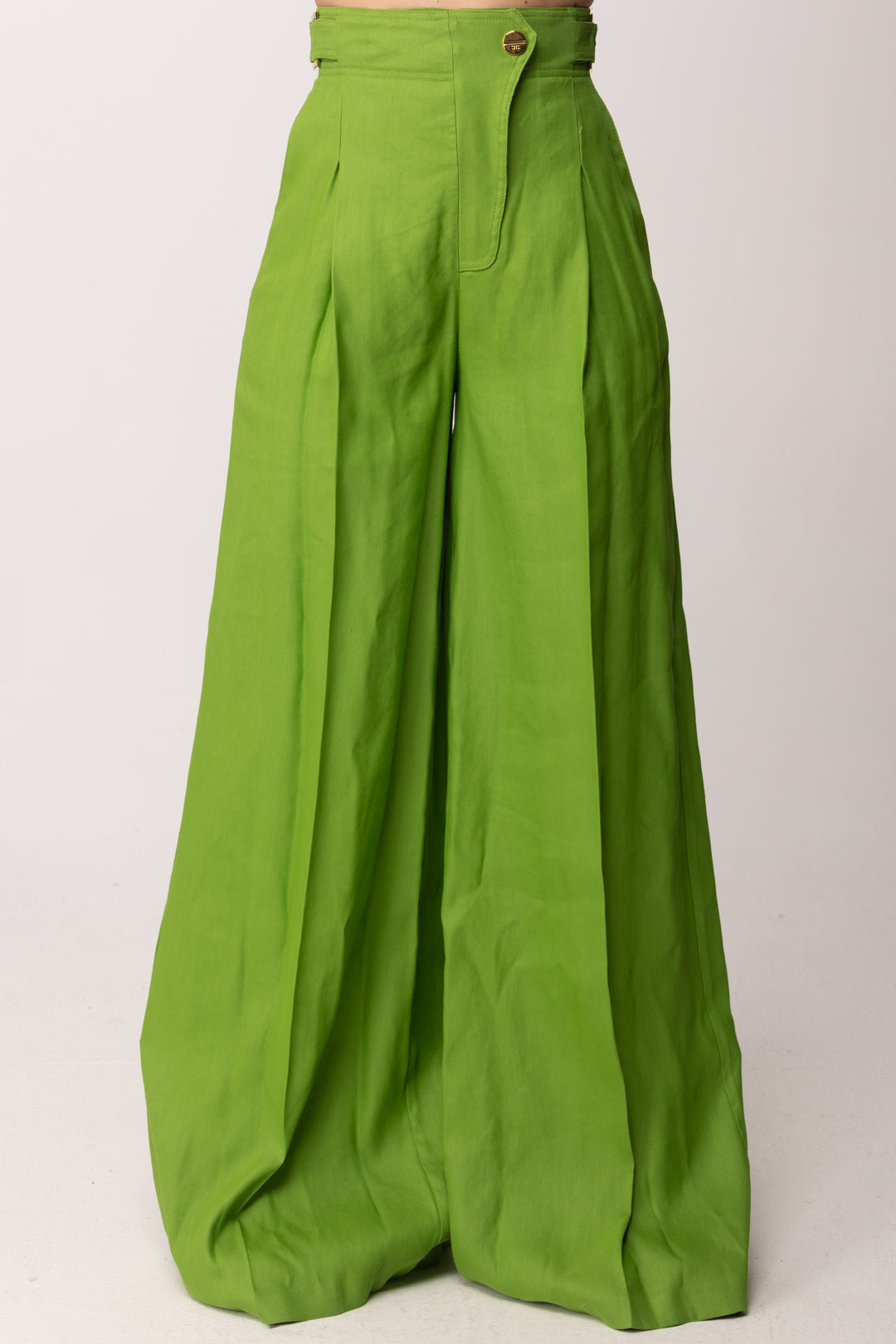 Elisabetta Franchi Pantaloni Palazzo In Misto Lino con Cinturini PA12762E2 ALOE