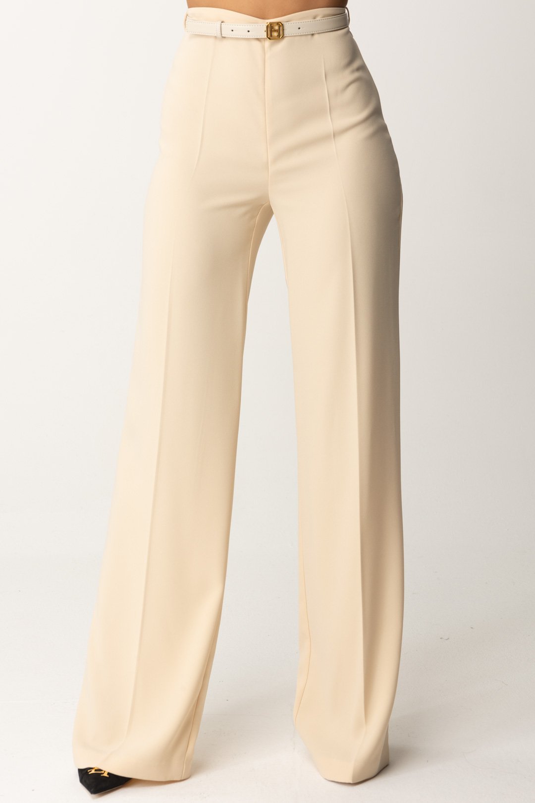 Elisabetta Franchi Pantaloni Palazzo In Raso con Cintura PA06147E2 CREMA