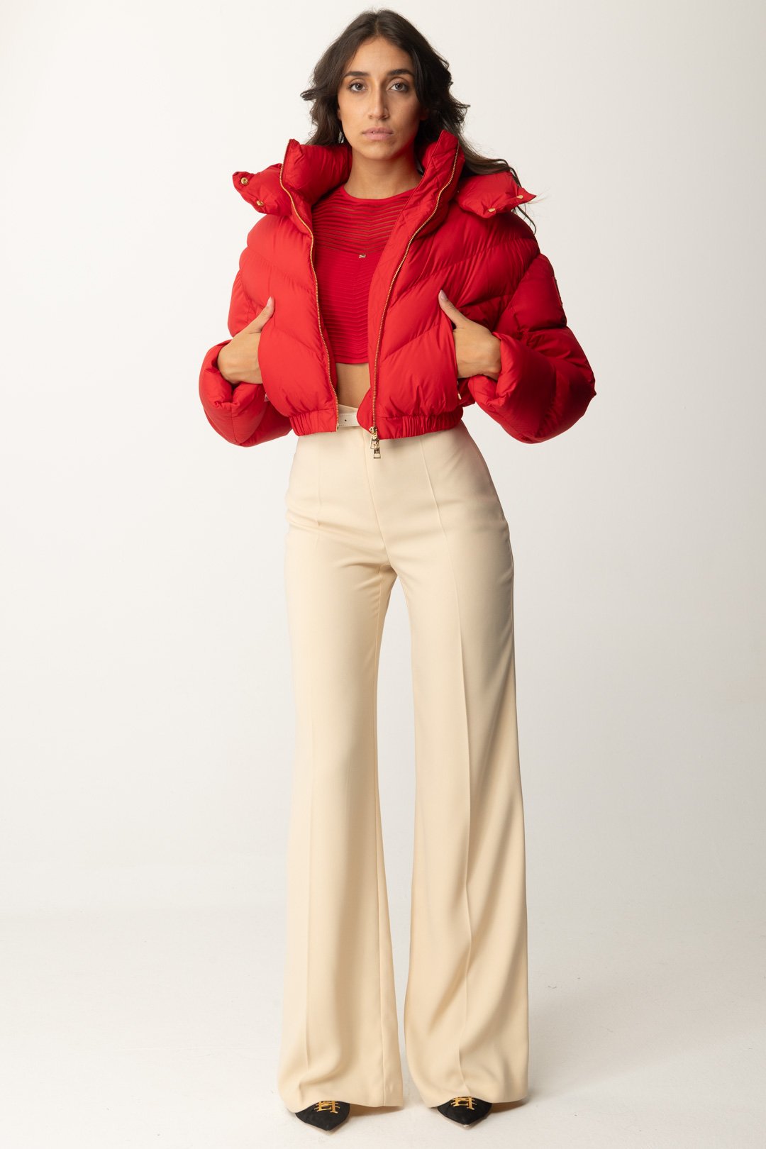 Elisabetta Franchi Pantaloni Palazzo In Raso con Cintura PA06147E2 CREMA