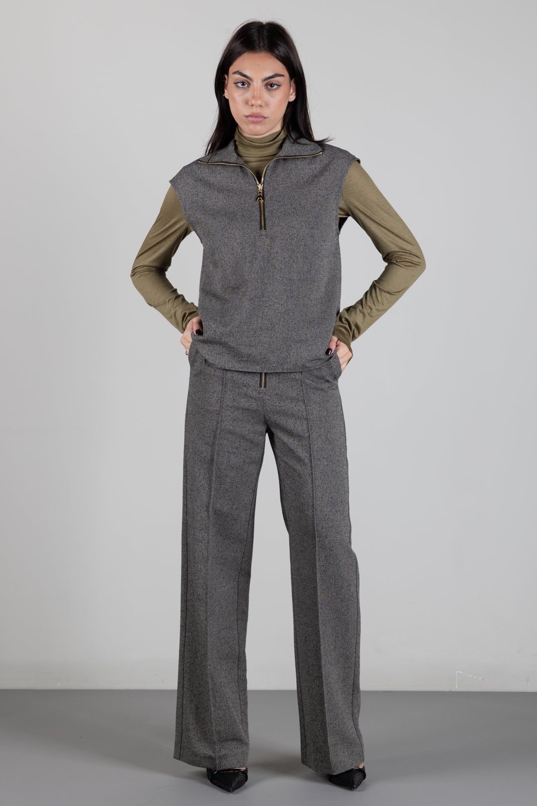Patrizia Pepe Pantaloni Palazzo In Resca Micro Bouclé 2P0077 C0277 TAUPE CHINE