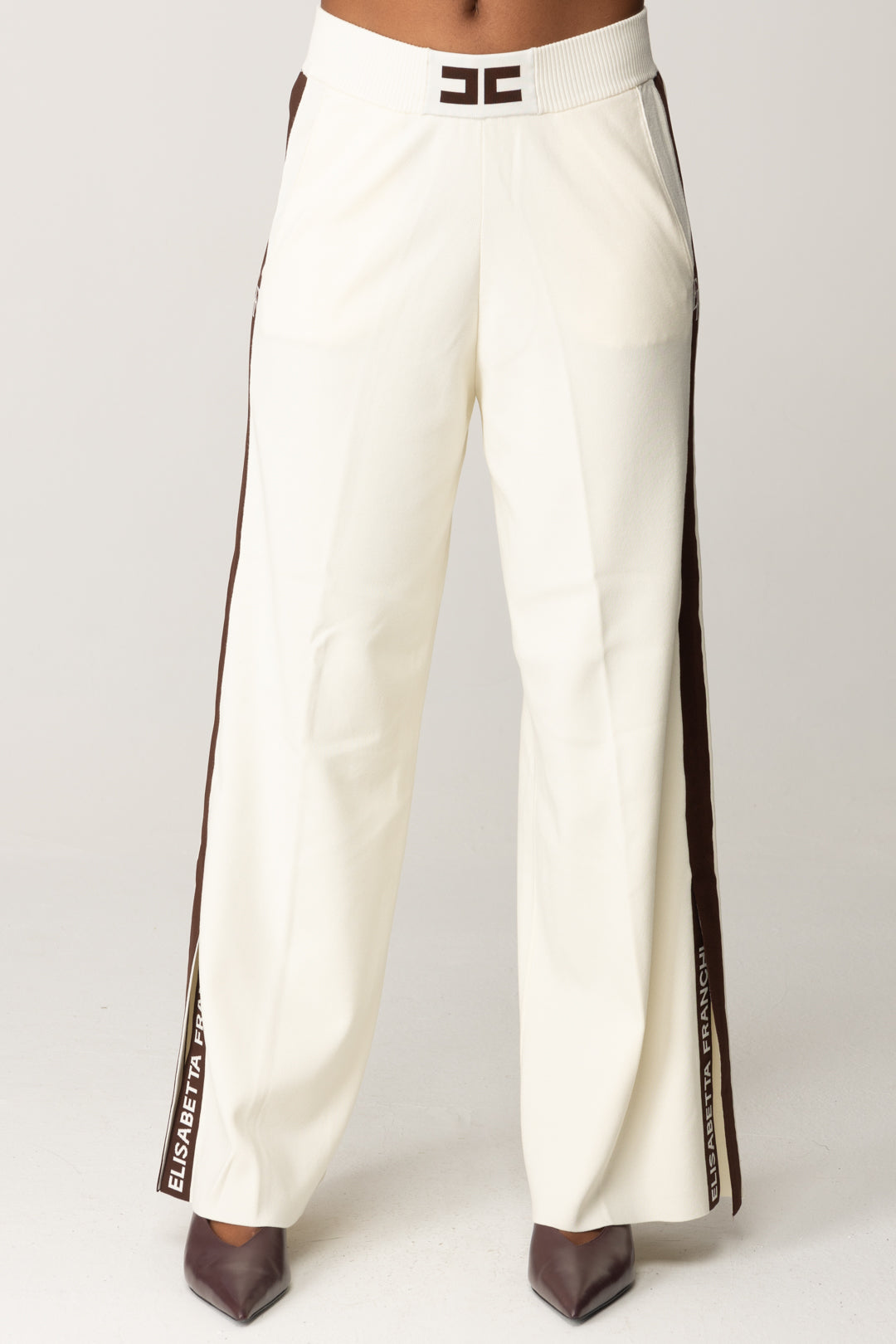 Elisabetta Franchi Pantaloni Palazzo In Viscosa con Bande Lucide KP69S56E2 MILK/COFFEE