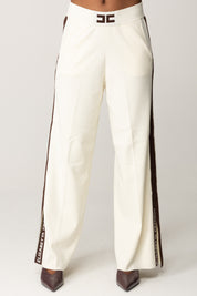 Elisabetta Franchi Pantaloni Palazzo In Viscosa con Bande Lucide KP69S56E2 MILK/COFFEE