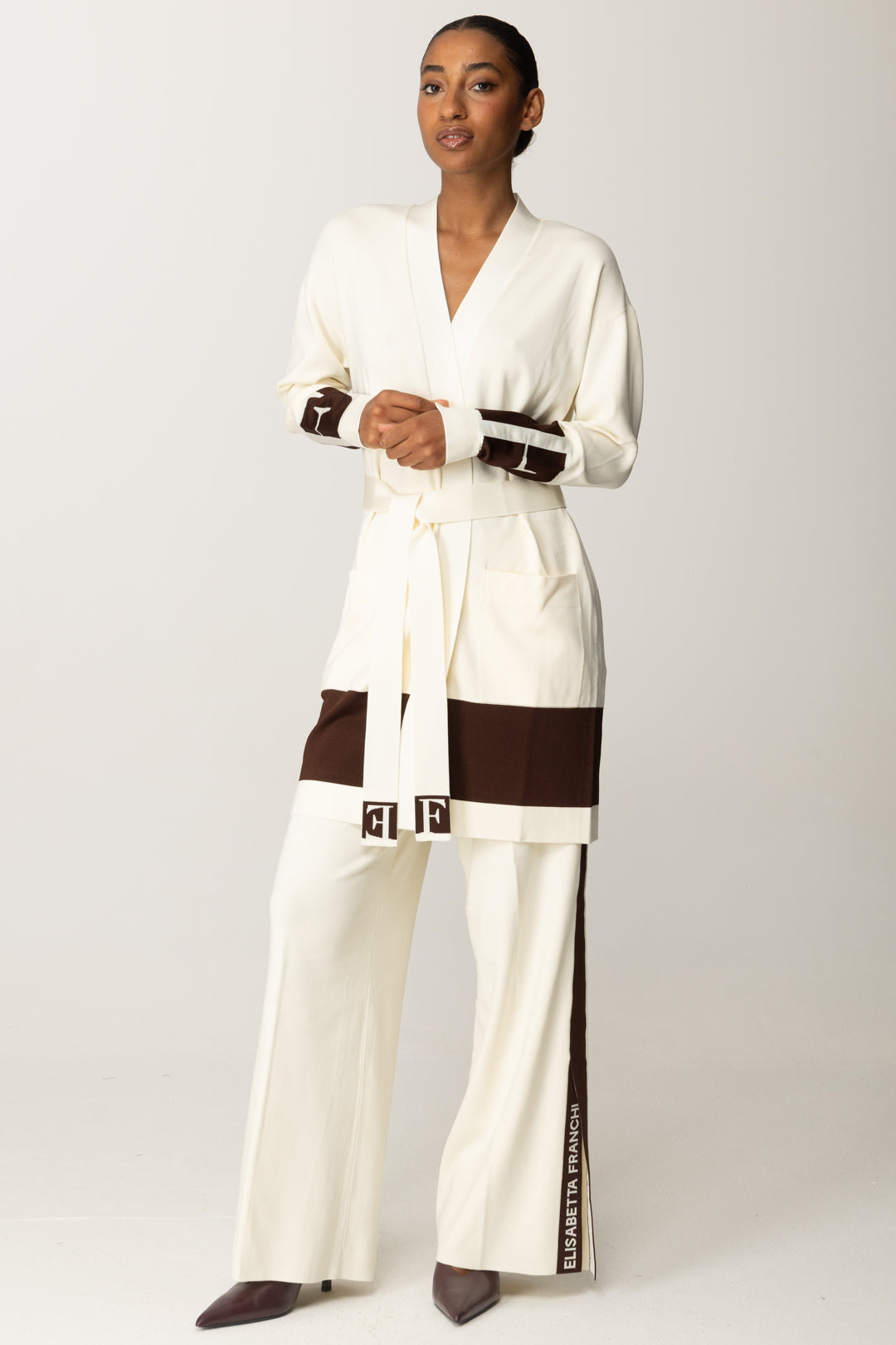 Elisabetta Franchi Pantaloni Palazzo In Viscosa con Bande Lucide KP69S56E2 MILK/COFFEE