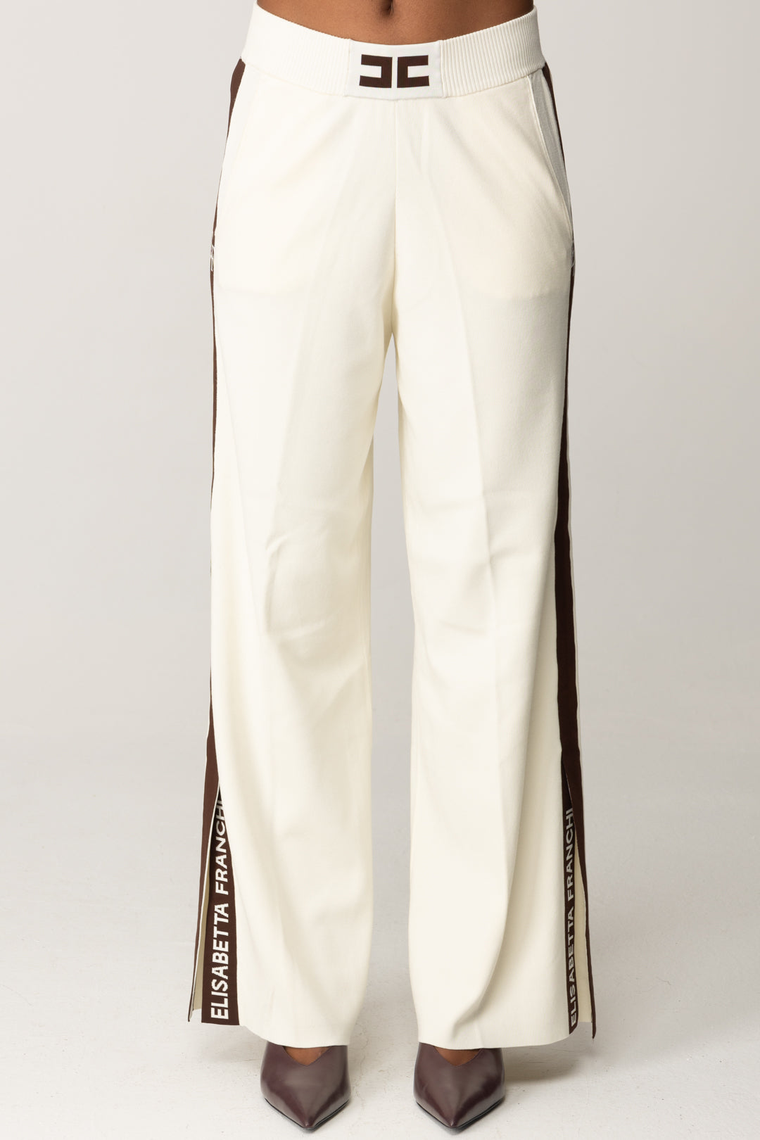 Elisabetta Franchi Pantaloni Palazzo In Viscosa con Bande Lucide KP69S56E2 MILK/COFFEE