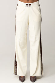 Elisabetta Franchi Pantaloni Palazzo In Viscosa con Bande Lucide KP69S56E2 MILK/COFFEE