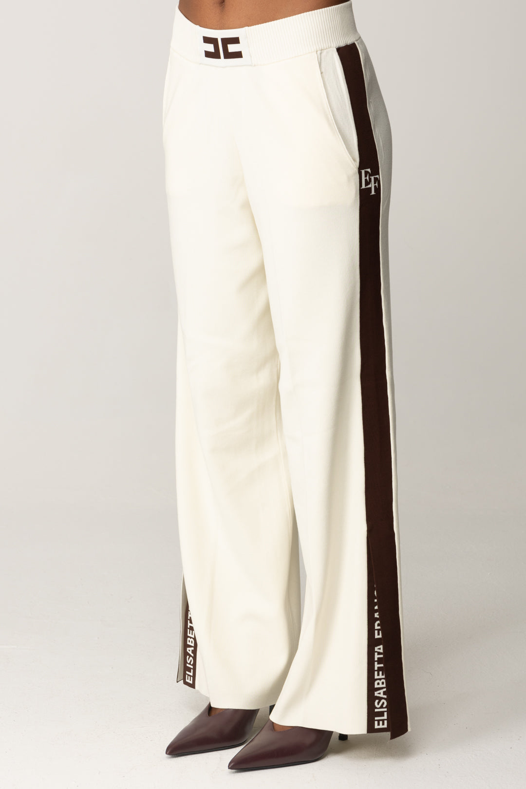 Elisabetta Franchi Pantaloni Palazzo In Viscosa con Bande Lucide KP69S56E2 MILK/COFFEE