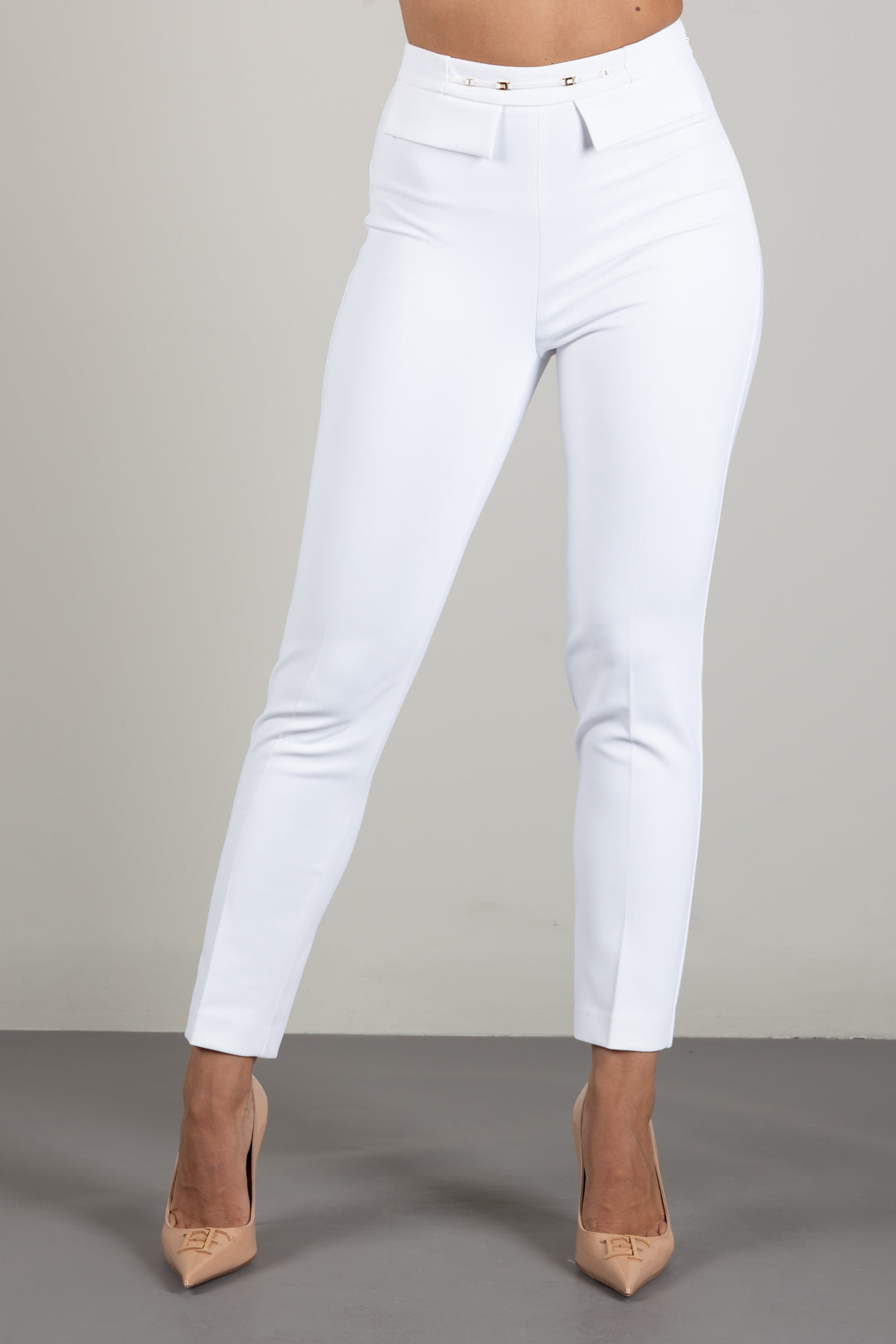 Elisabetta Franchi Pantaloni Slim In Doppio Crêpe con Morsetto Logo PA19566E2 AVORIO