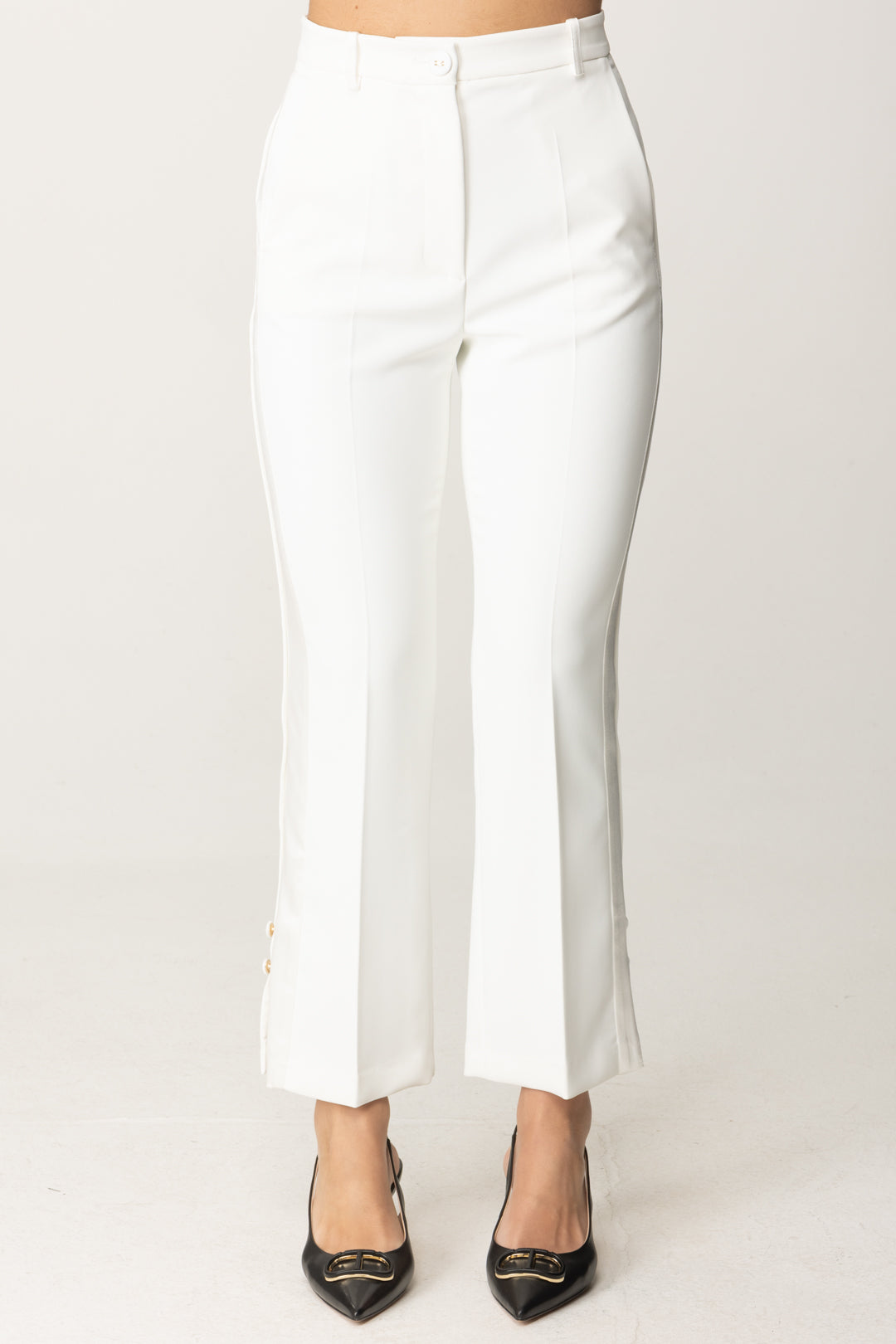 Elisabetta Franchi Pantaloni Smoking Alla Caviglia con Bande In Raso PA08651E2 AVORIO