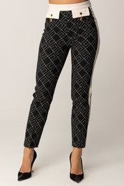 Elisabetta Franchi Pantaloni Stampa Logo con Dettagli a Contrasto PAS0156E2 NERO/MILK