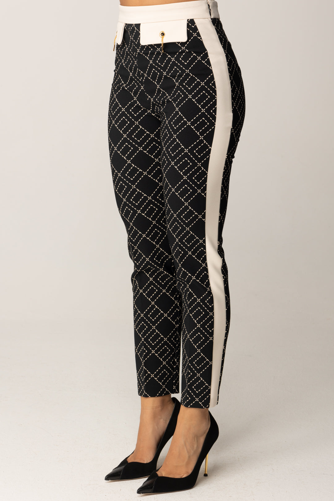 Elisabetta Franchi Pantaloni Stampa Logo con Dettagli a Contrasto PAS0156E2 NERO/MILK