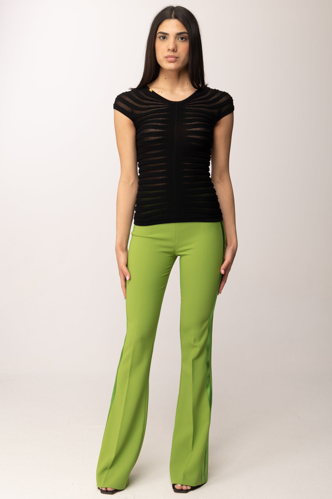 Elisabetta Franchi Pantaloni Vita Alta In Crêpe Leggero e Raso PA18462E2 ALOE