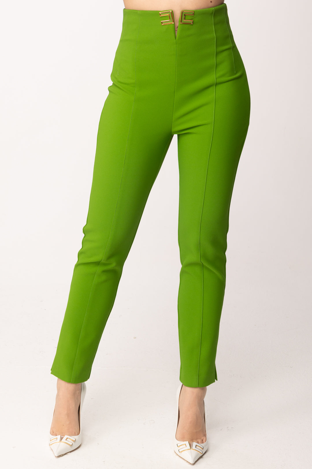 Elisabetta Franchi Pantaloni Vita Alta Stretch con Dettagli Logo PA16361E2 ALOE