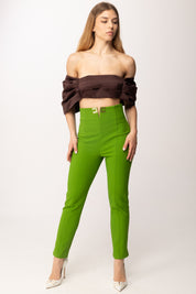 Elisabetta Franchi Pantaloni Vita Alta Stretch con Dettagli Logo PA16361E2 ALOE