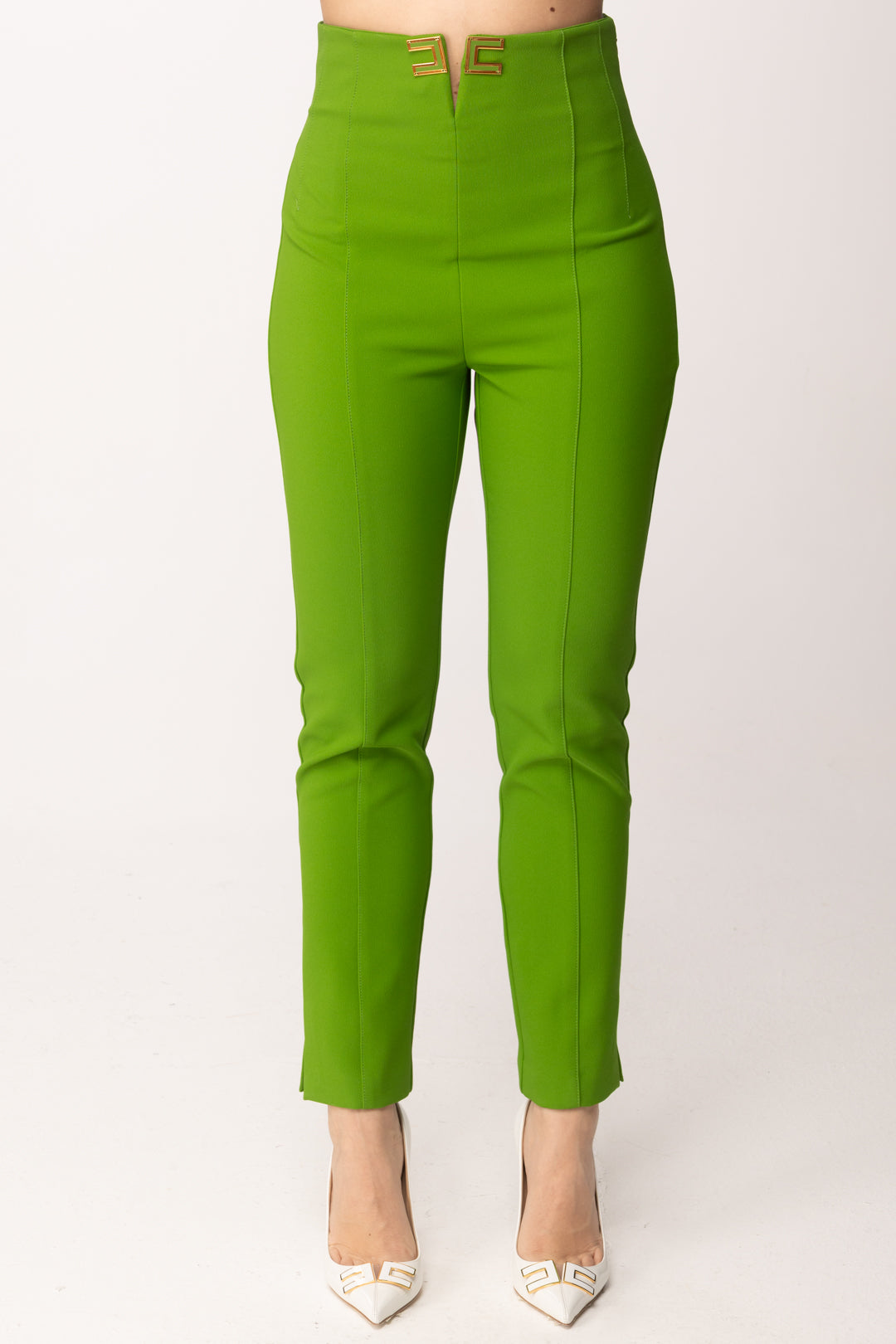 Elisabetta Franchi Pantaloni Vita Alta Stretch con Dettagli Logo PA16361E2 ALOE
