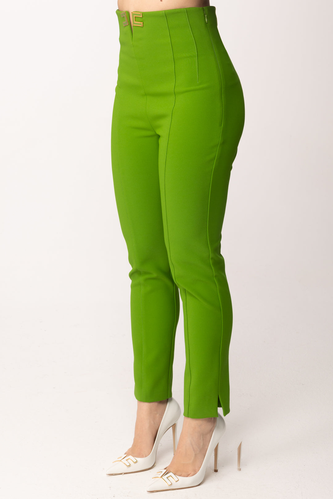 Elisabetta Franchi Pantaloni Vita Alta Stretch con Dettagli Logo PA16361E2 ALOE