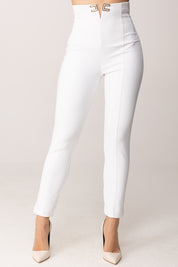 Elisabetta Franchi Pantaloni Vita Alta Stretch con Dettagli Logo PA16361E2 AVORIO