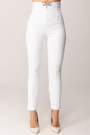 Elisabetta Franchi Pantaloni Vita Alta Stretch con Dettagli Logo PA16361E2 AVORIO