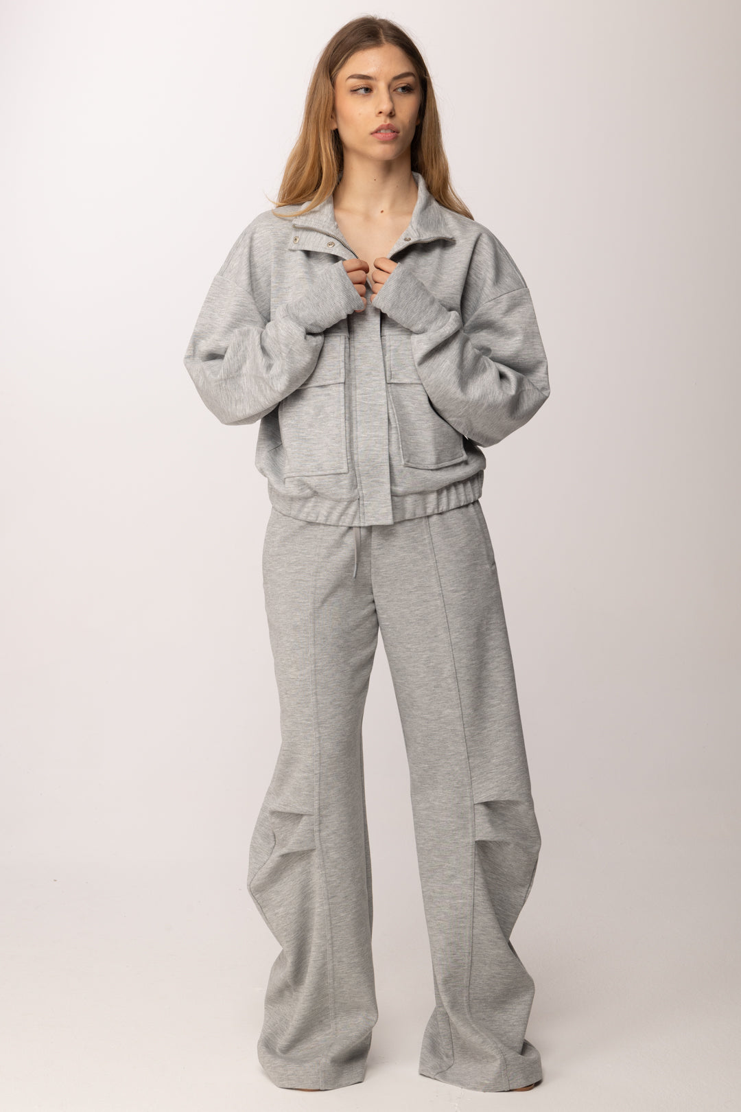 Patrizia Pepe Pantaloni Wide Leg con Coulisse e Volumi Strutturati 8P0784 J391 GRIGIO MELANGE