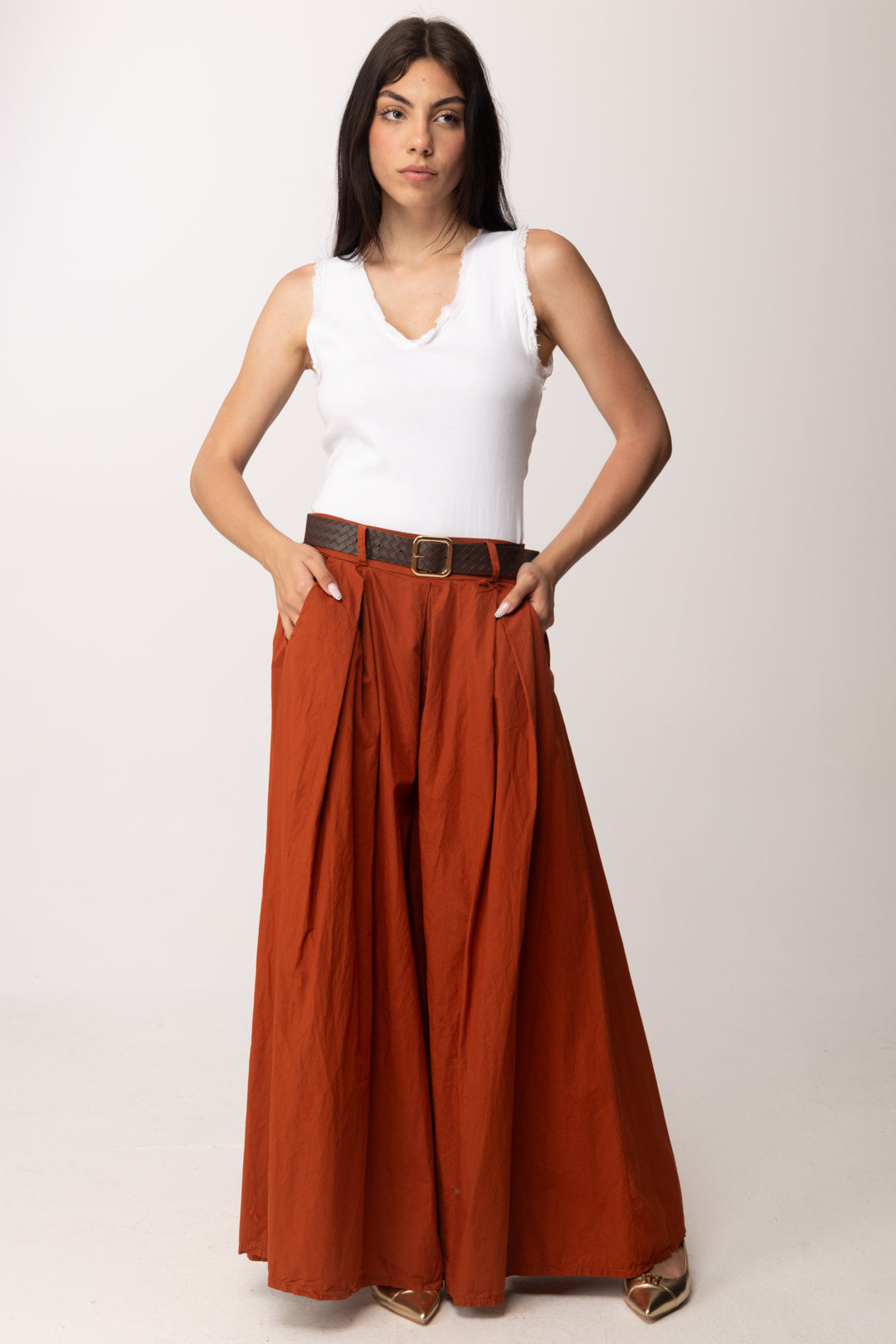 Khloe Femme Pantaloni Wide Leg con Piegoni e Cintura 33637 MATTONE