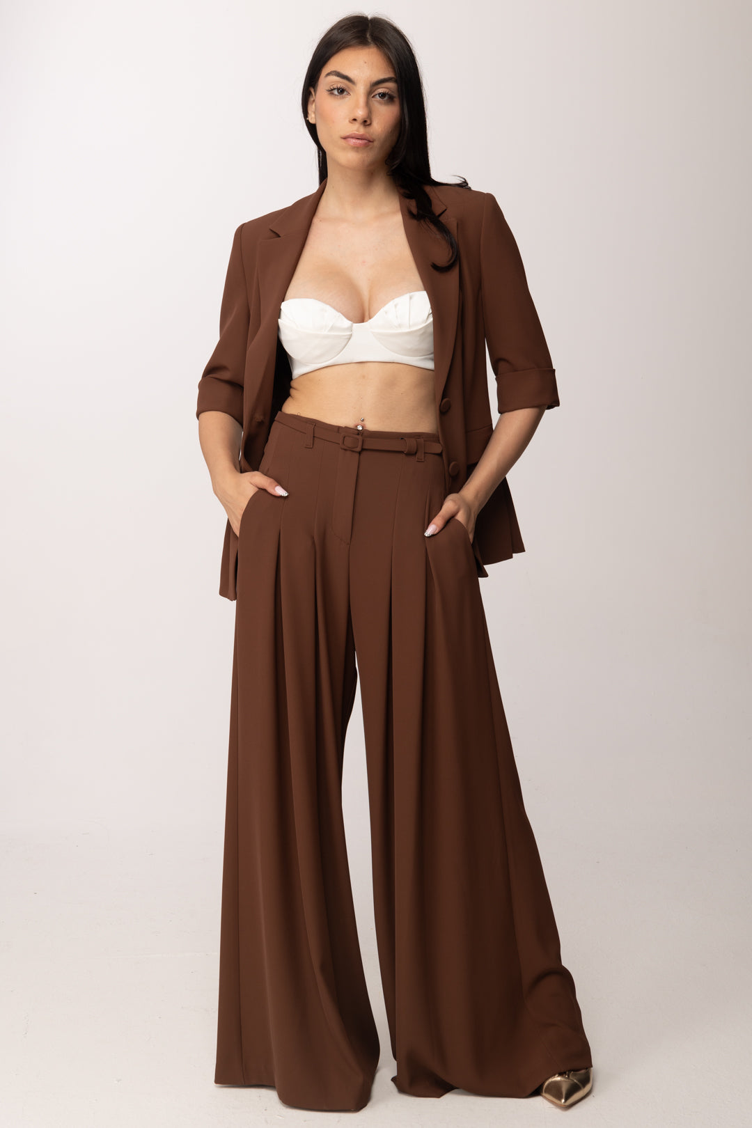 Imperial Pantaloni Wide Leg Maxi Pieghe con Cintura P3ZQLHX CACAO