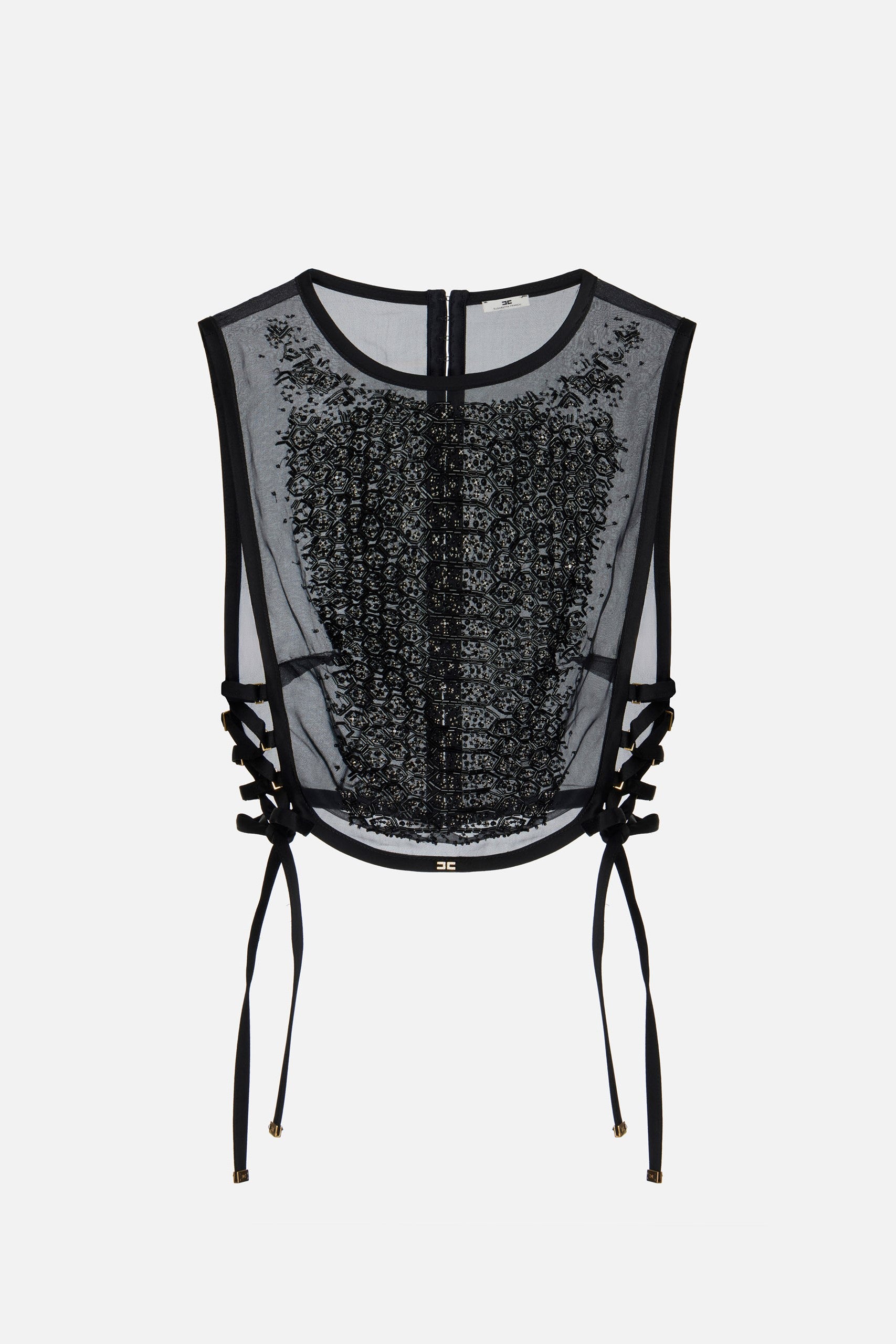 Elisabetta Franchi Pettorina In Organza con Cristalli e Criss-cross TO04257E2 NERO