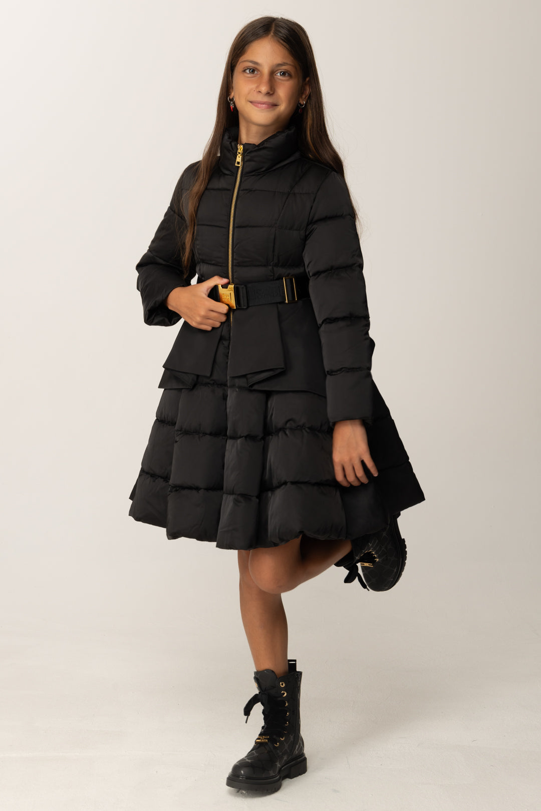 Elisabetta Franchi Bambina Piumino a Ruota con Cintura e Volant EFGB132CNY298 NERO