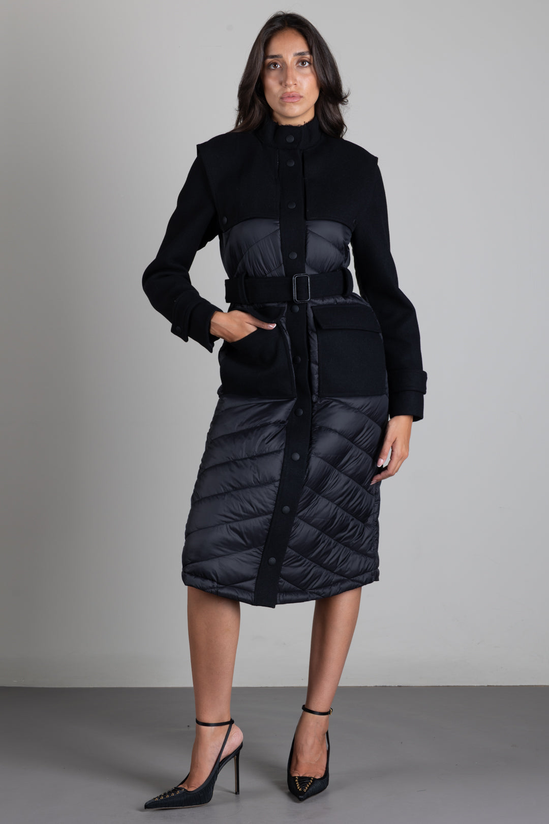 Patrizia Pepe Piumino con Inserti In Lana e Cintura 8O0053 C7998 NERO
