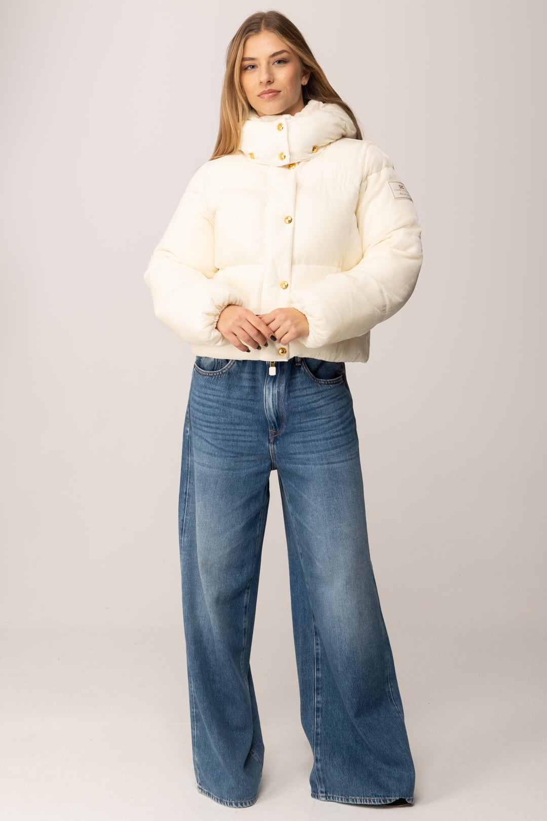 Elisabetta Franchi Piumino Corto In Velluto PI82D56E2 MILK