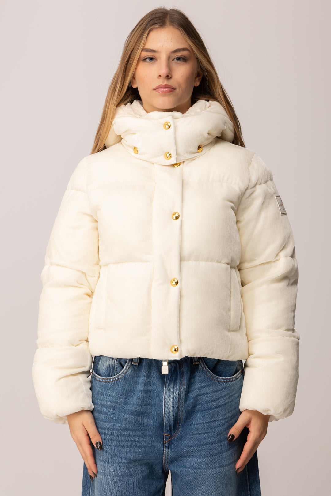 Elisabetta Franchi Piumino Corto In Velluto PI82D56E2 MILK