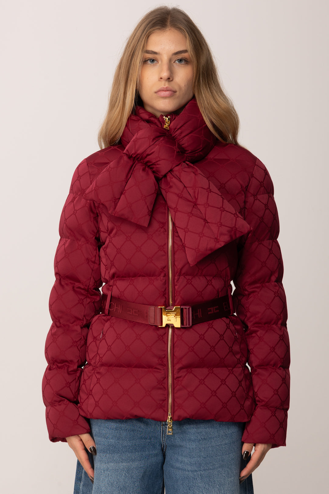 Elisabetta Franchi Piumino In Vela Jacquard con Fiocco e Cintura PI83D56E2 CHERRY