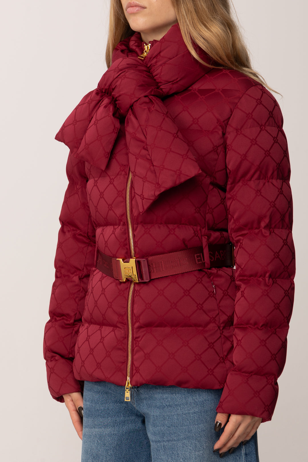 Elisabetta Franchi Piumino In Vela Jacquard con Fiocco e Cintura PI83D56E2 CHERRY