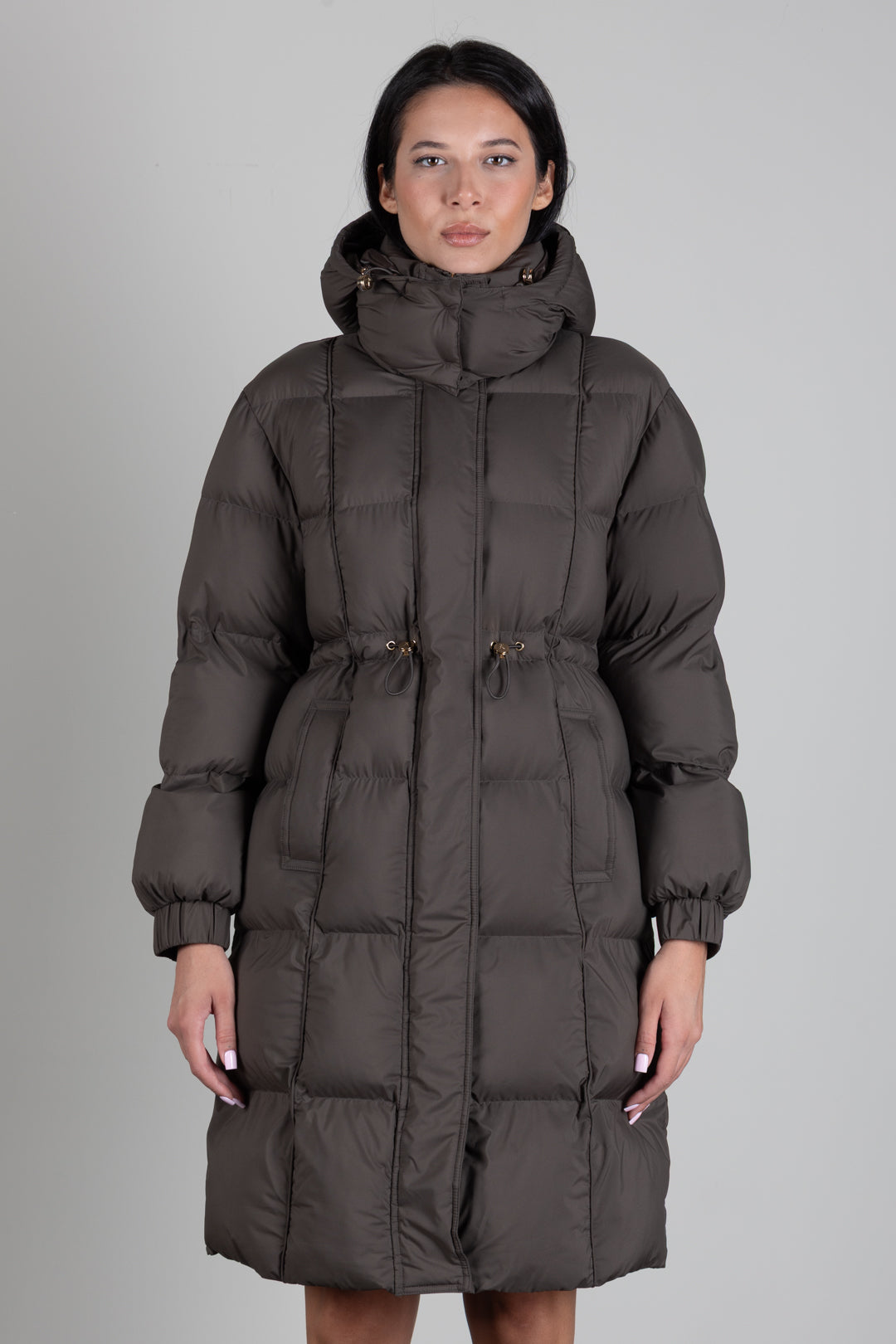 Patrizia Pepe Piumino Lungo con Cappuccio e Coulisse 2O0162 C0275 CRAFT BROWN