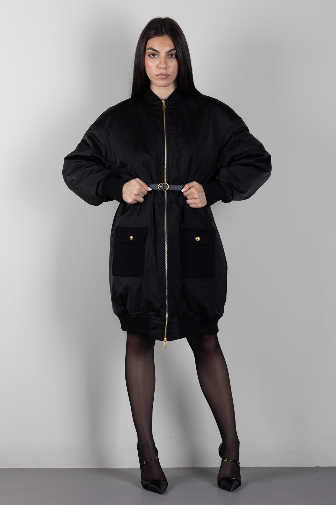 Elisabetta Franchi Piumino Lungo Over con Cintura PK01D66E2 NERO