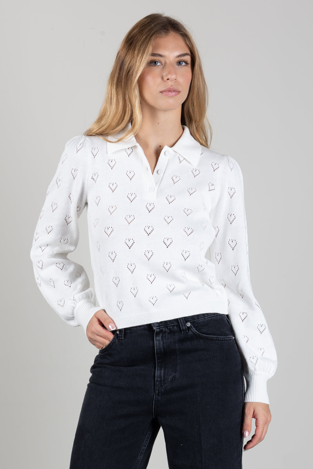Twin-set Polo In Cotone e Cashmere con Cuori Traforati 262TP3022 MADREPERLA