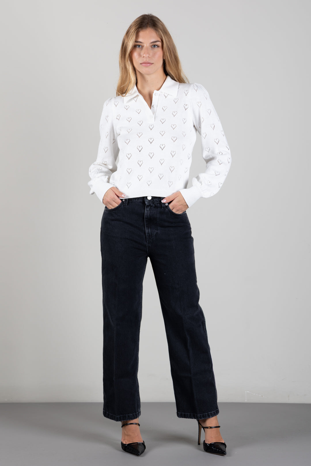 Twin-set Polo In Cotone e Cashmere con Cuori Traforati 262TP3022 MADREPERLA