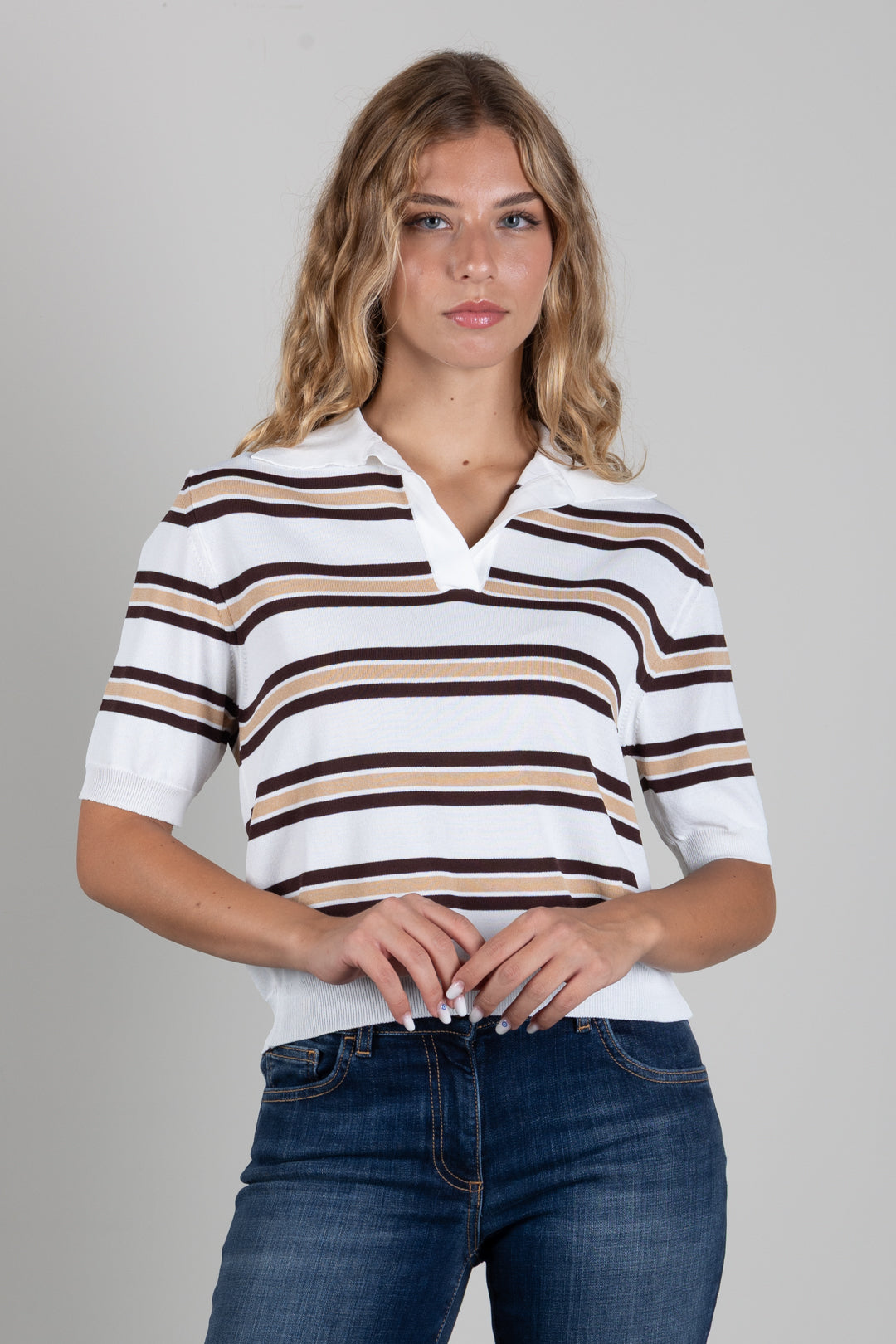 Angela Davis Polo In Maglia a Righe Bicolor RP9A56 MORO