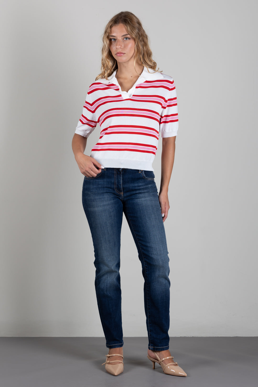 Angela Davis Polo In Maglia a Righe Rosse e Rosa RP9PA56 ROSSO